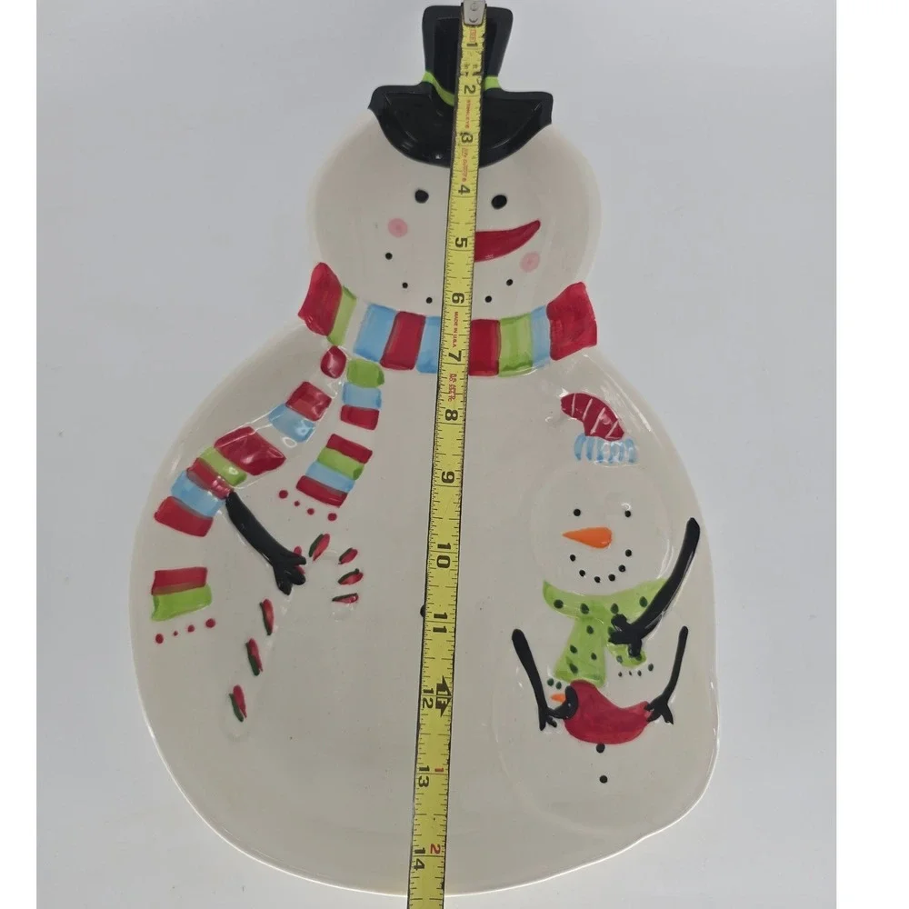 Vintage Snowman Serving Platter Cardinal Christmas Ceramic Dish 15 Inch